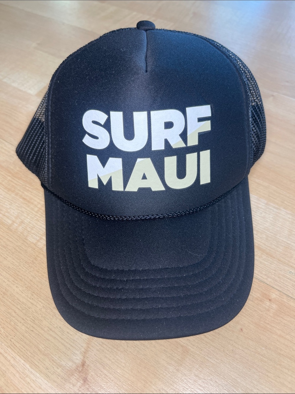 ALOHA Collection Black Trucker Hat with White and Pale Yellow 'SURF MAUI'